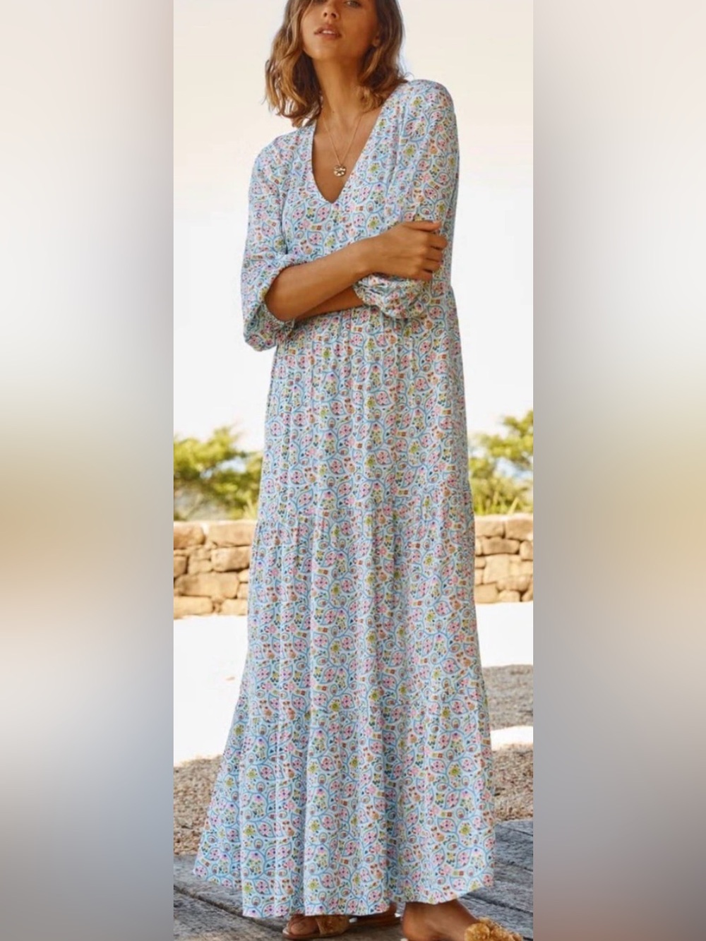 Women’s Boden Blouson 3/4 Sleeve Tiered Maxi Floral V Neck Dress 12R